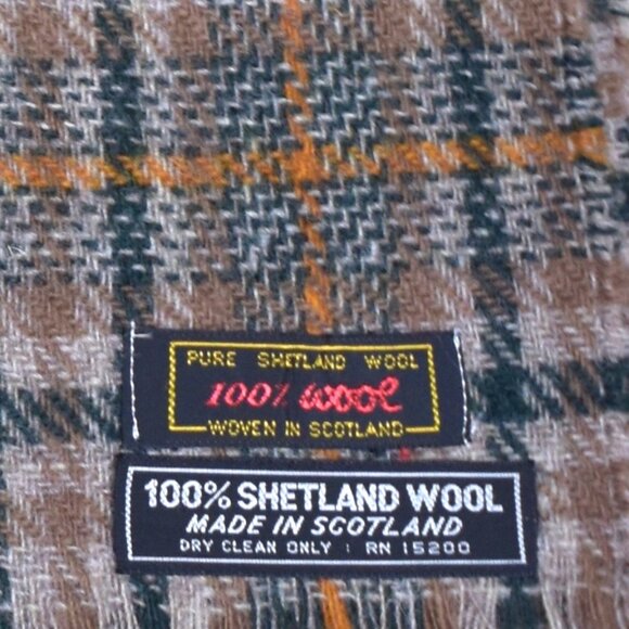 Vintage Shetland Wool Scarf Plaid Brown Green Made In Scottland - Picture 4 of 8